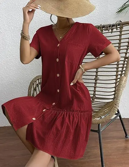 Casual algodão linho verão mini vestido para mulheres com decote em v babados manga curta vestido curto senhoras moda vestidos de botão solto - Imagem 20