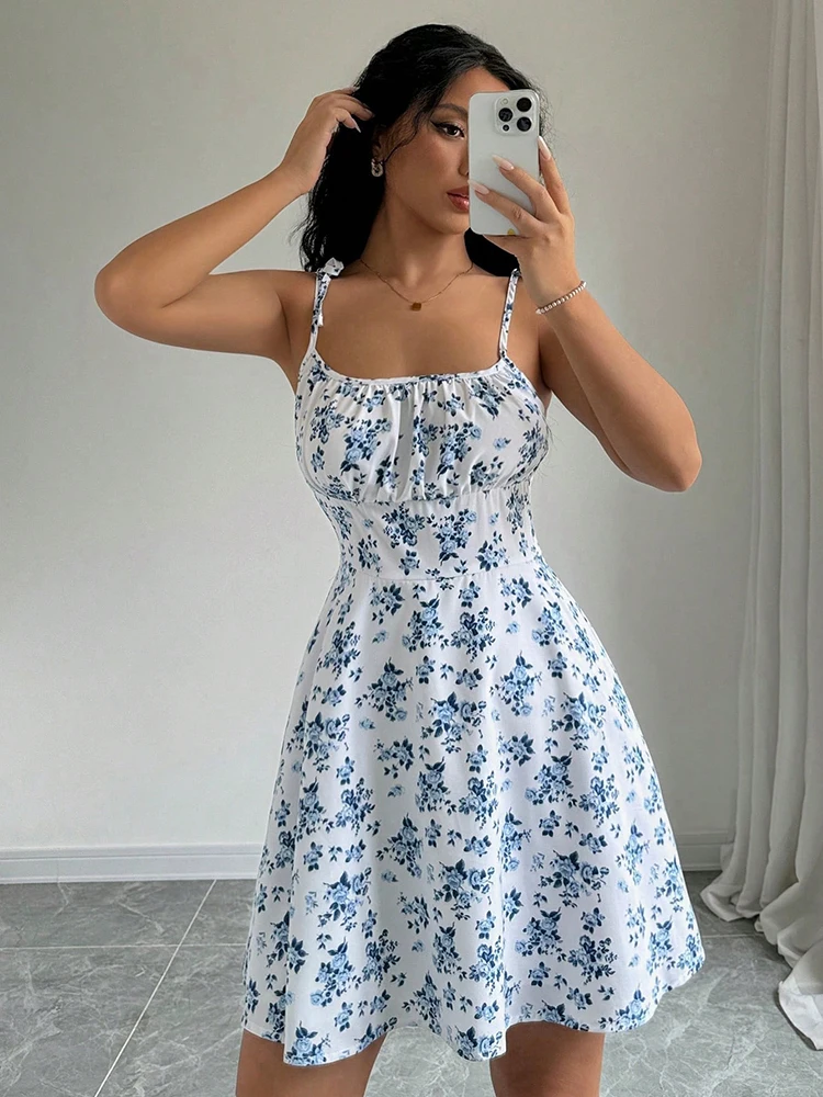 Vestido curto de praia com alça espaguete floral de verão feminino, mini vestido feminino, roupas femininas, vestidos vermelhos, vestido, novo vestido 2025 - Imagem 6