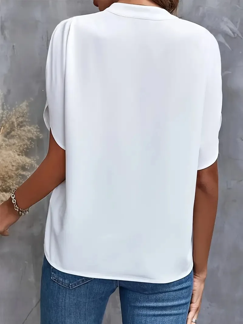 Verão elegante blusa feminina novo decote em v manga curta cor sólida camisa solta casual branco topos senhora do escritório blusas - Imagem 2