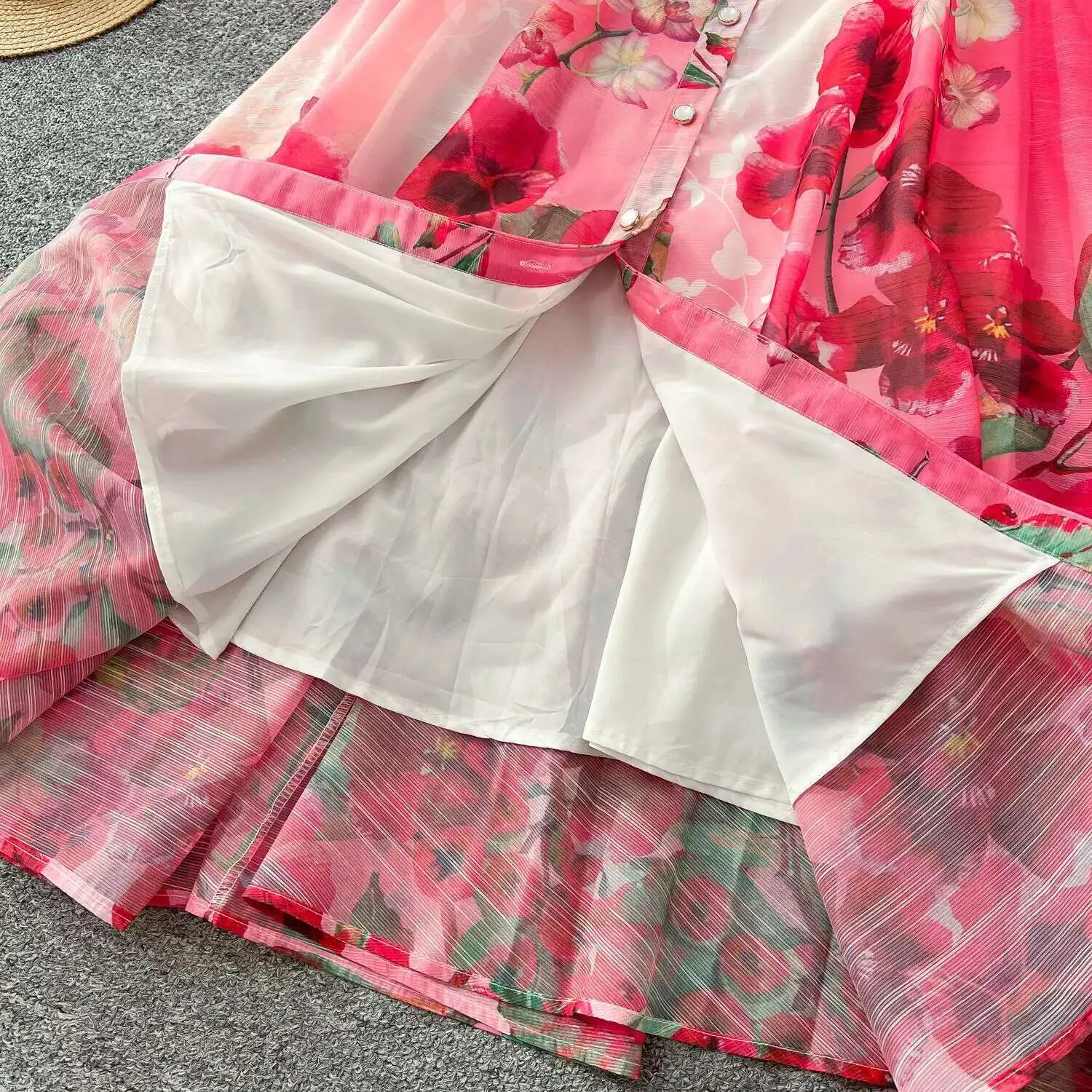 Palácio floral maxi vestido feminino verão férias vestidos longos camisa 2025 primavera manga cheia único breasted pérolas festa vestidos - Imagem 21