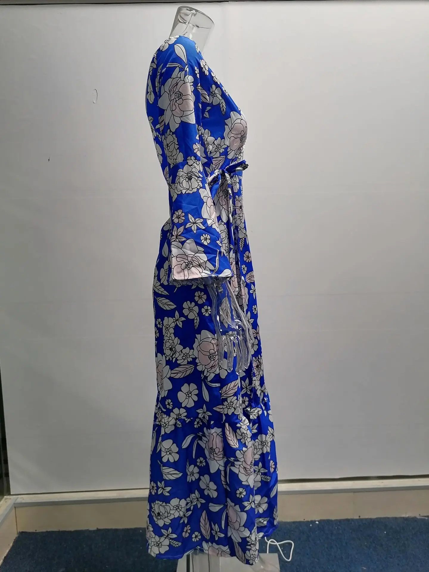 Novo outono inverno manga comprida amarrado com decote em v suspender costura impresso elegante e confortável vestido de fenda para mulher - Imagem 18