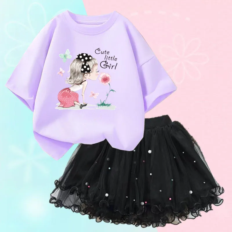 Conjunto de duas peças feminino, saia de malha tutu e camiseta, roupa de festa infantil, bonita coreana, moda verão, 3-14 anos - Imagem 30