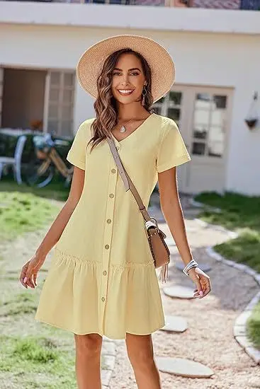 Casual algodão linho verão mini vestido para mulheres com decote em v babados manga curta vestido curto senhoras moda vestidos de botão solto - Imagem 19