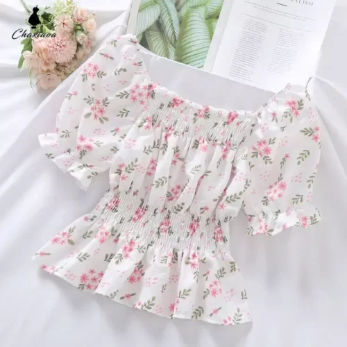 Doce flor quebrada Slash Neck Blusa para mulheres, Agaric Edge Plissado Design, cintura elástica fina Cropped Top, camiseta de chiffon bonito, verão