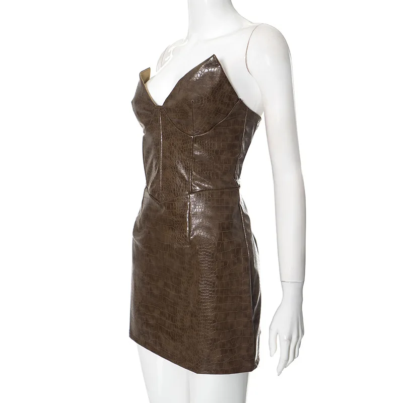 Nsauye novo elegante sexy moda couro sem alças vestido feminino noite clube festa curto bodycon vestido de cintura alta 2025 - Imagem 22