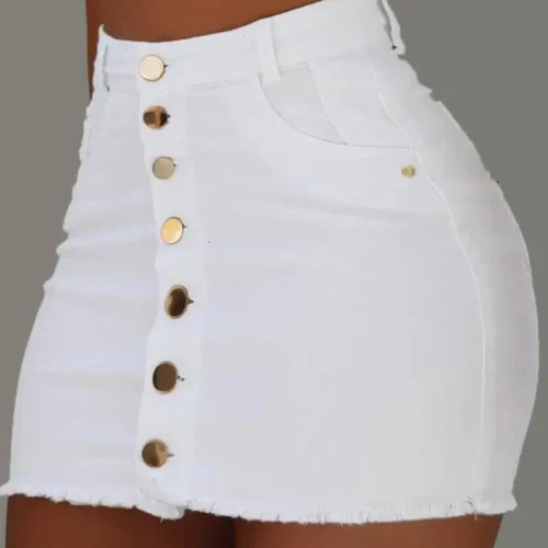 Saia sexy para mulher primavera verão 2023 botão liso voar bainha crua mini saia jeans feminina magra
