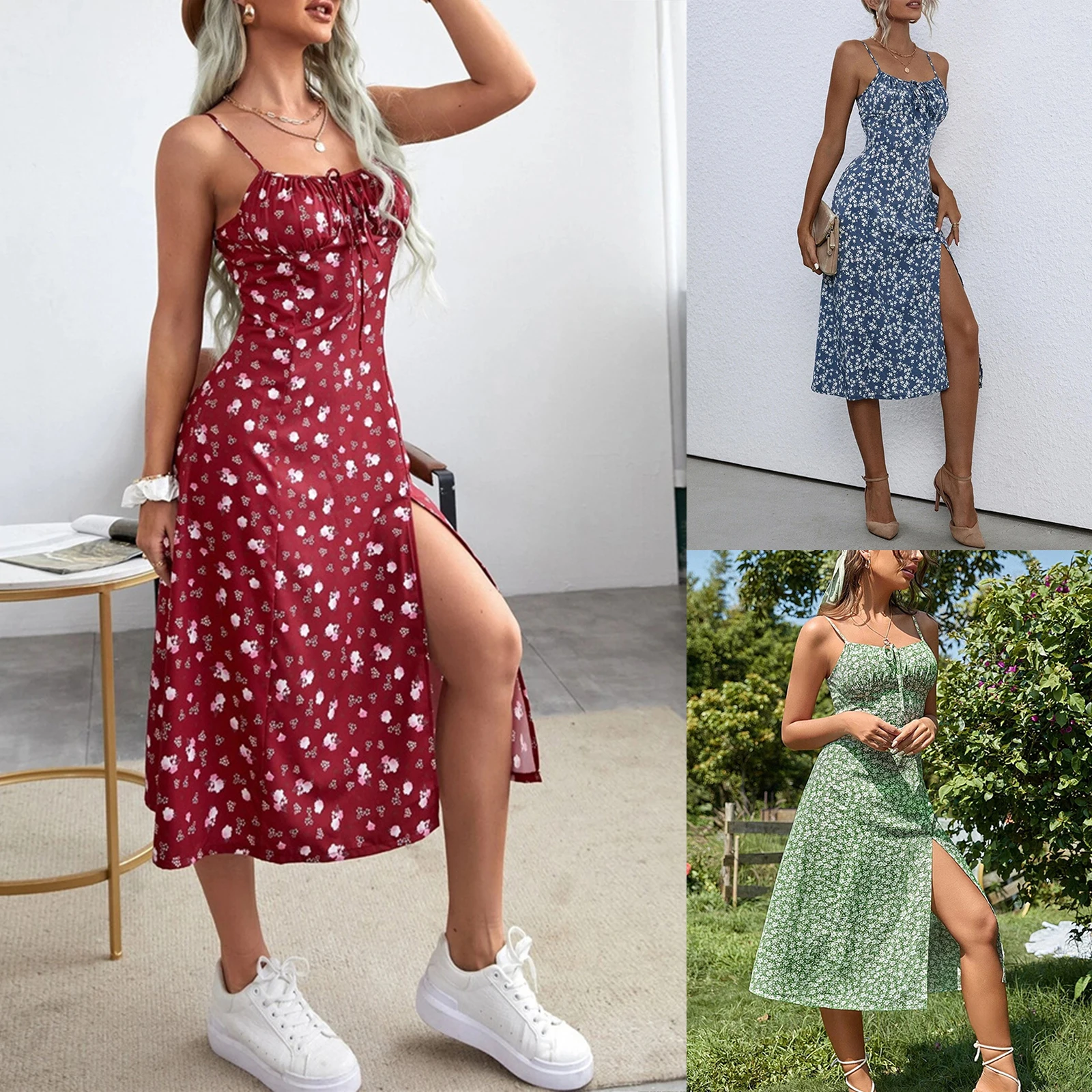 Vestido floral sem mangas feminino com fenda alta, cinta de espaguete estampa de flores, roupas femininas, verão, 2022 - Imagem 2