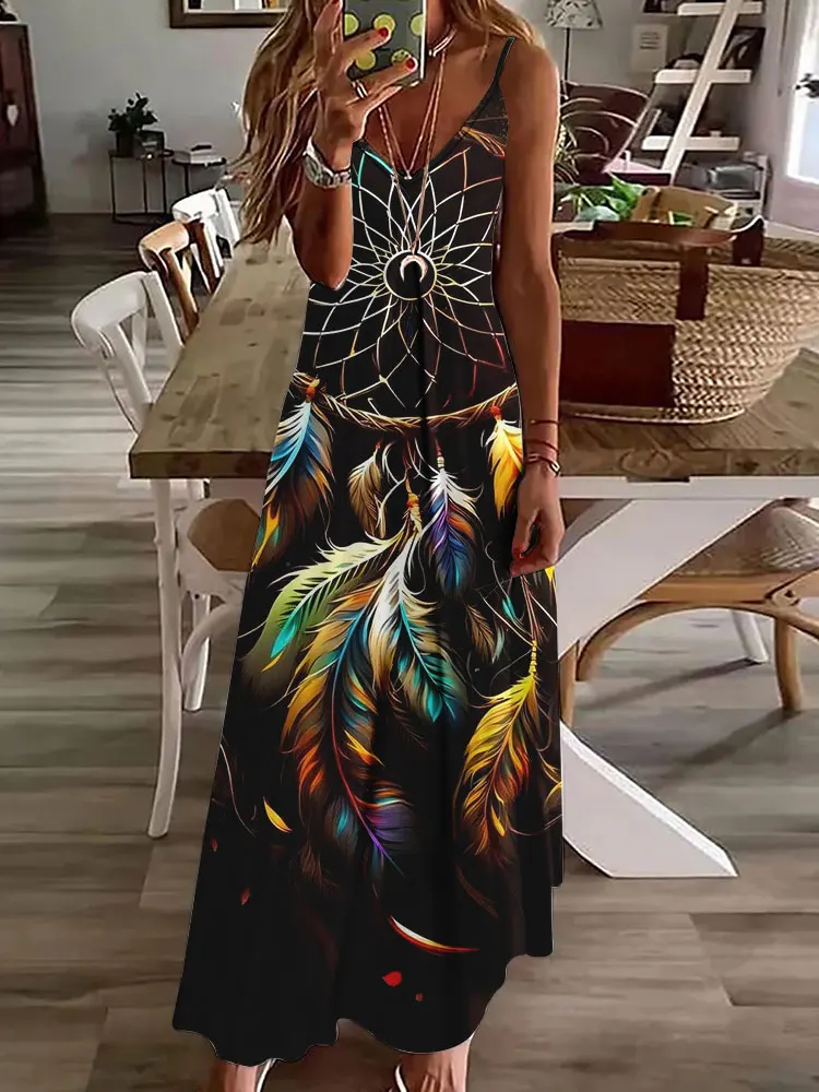 2024 novo vestido de estampa vintage de coruja 3D, sem mangas, longo, feminino, padrão tribal, pulseira de espaguete, verão, vestido longo e solto - Imagem 15