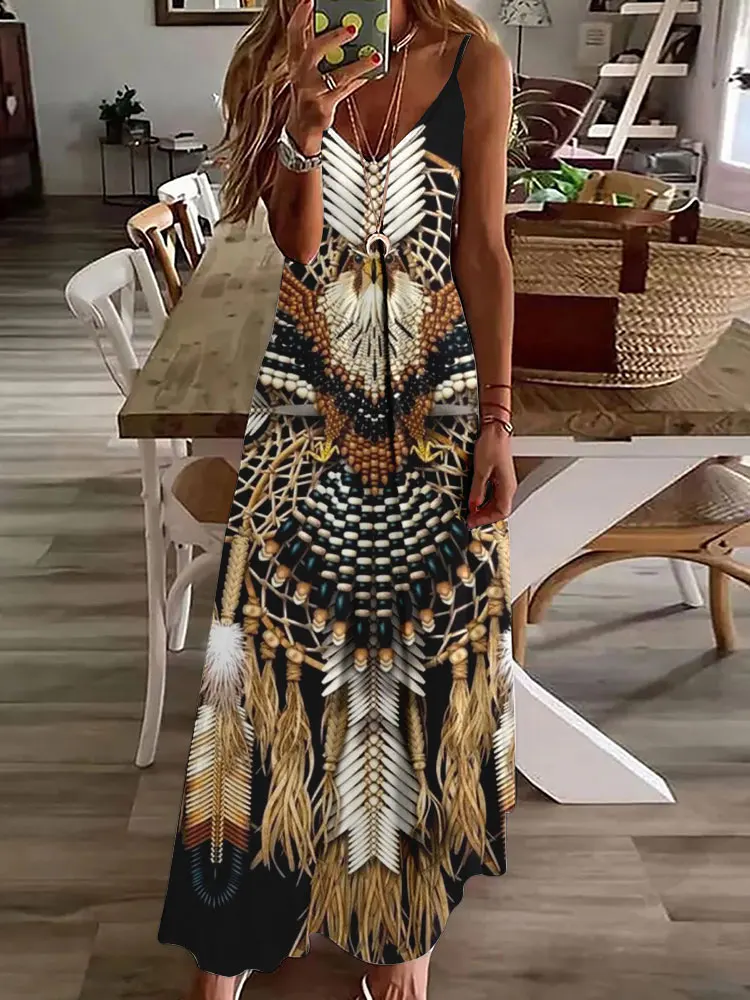 2024 novo vestido de estampa vintage de coruja 3D, sem mangas, longo, feminino, padrão tribal, pulseira de espaguete, verão, vestido longo e solto - Imagem 11