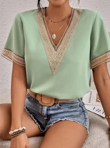 Blusas femininas primavera verão mais recente 2025 com decote em v renda casual camisa de cor sólida manga curta camiseta solta ajuste superior pulôver - Imagem 10