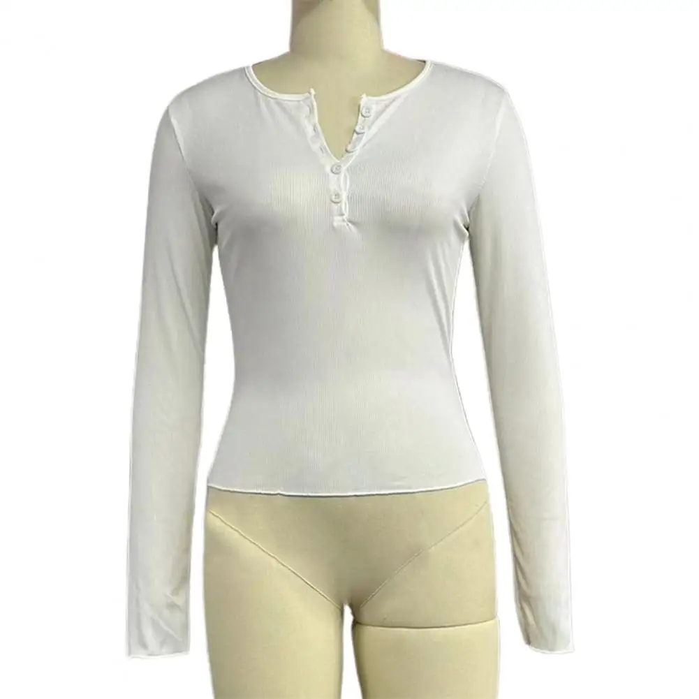 Mulheres outono primavera topo o pescoço botão manga longa fino ajuste pulôver macio respirável elástico estilo simples blusa feminina - Imagem 15