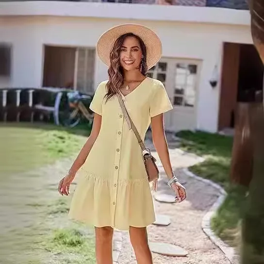Casual algodão linho verão mini vestido para mulheres com decote em v babados manga curta vestido curto senhoras moda vestidos de botão solto - Imagem 2
