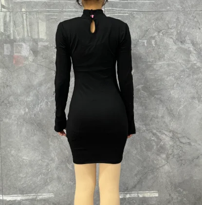 Sexy vestidos apertados elegante verão oco para fora strass arco decoração manga comprida casual alta pescoço fino ajuste diário midi vestidos - Imagem 6