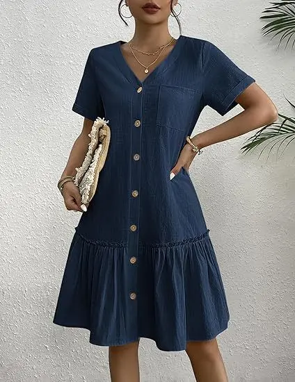 Casual algodão linho verão mini vestido para mulheres com decote em v babados manga curta vestido curto senhoras moda vestidos de botão solto - Imagem 32