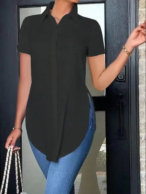 Blusas femininas verão casual branco camisa de manga curta moda ol lapela irregular camisas finas roupas femininas streetwear topos - Imagem 12