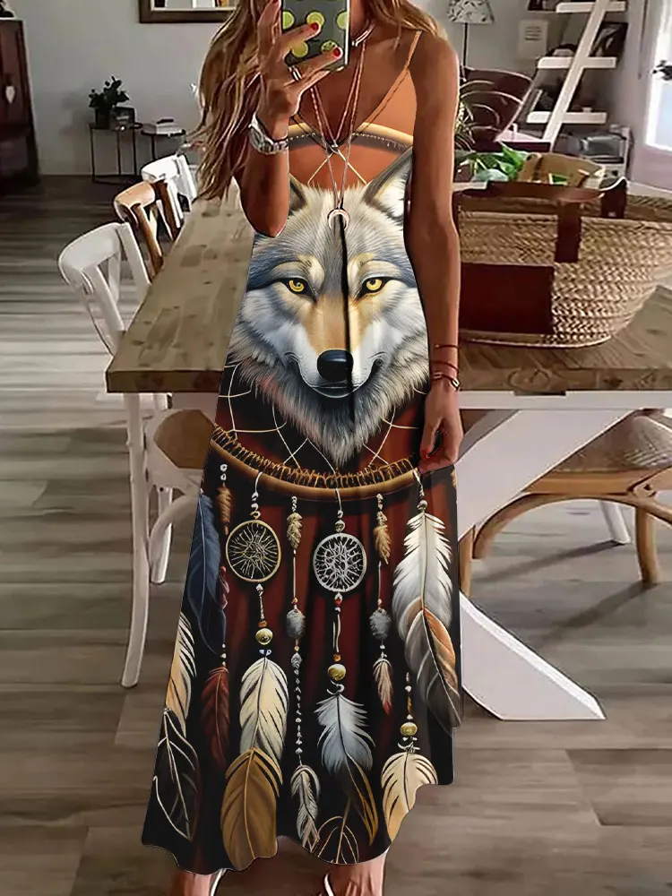 2024 novo vestido de estampa vintage de coruja 3D, sem mangas, longo, feminino, padrão tribal, pulseira de espaguete, verão, vestido longo e solto - Imagem 22