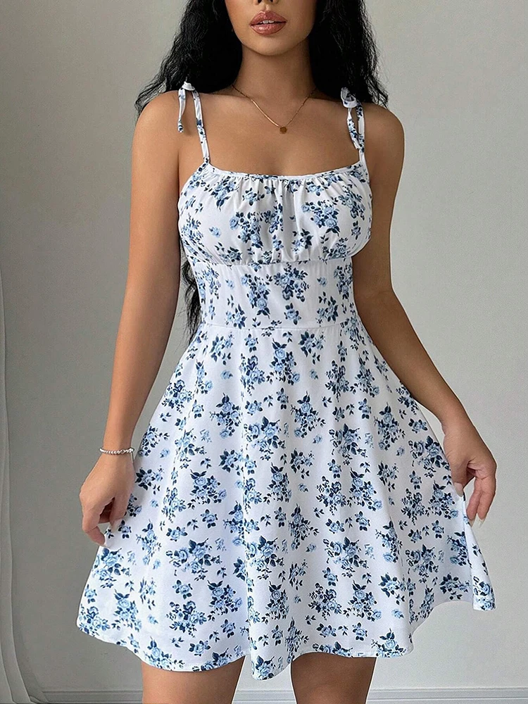 Vestido curto de praia com alça espaguete floral de verão feminino, mini vestido feminino, roupas femininas, vestidos vermelhos, vestido, novo vestido 2025 - Imagem 3
