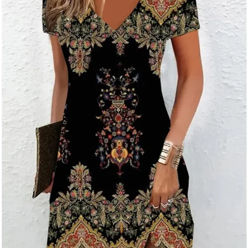 Vintage feminino midi vestidos para 2024 estilo étnico floral impressão vestido solto plus size casual manga curta pulôver com decote em v vestido