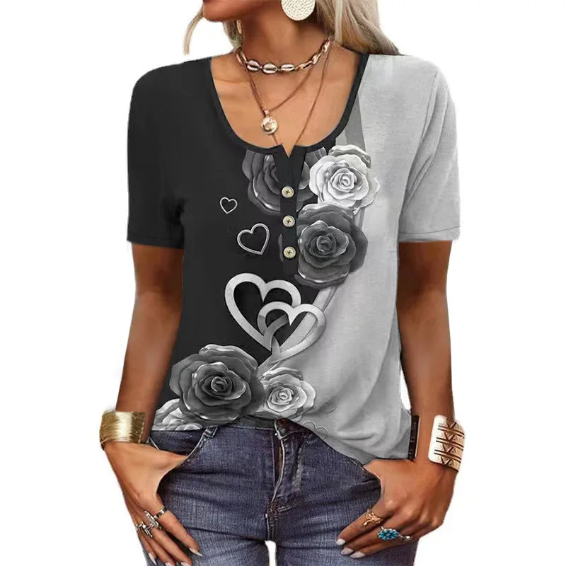 Camisas elegantes para mulheres manga curta moda estilo étnico solto retro casual botão blusas 3d flor impressão solta verão topos - Imagem 6