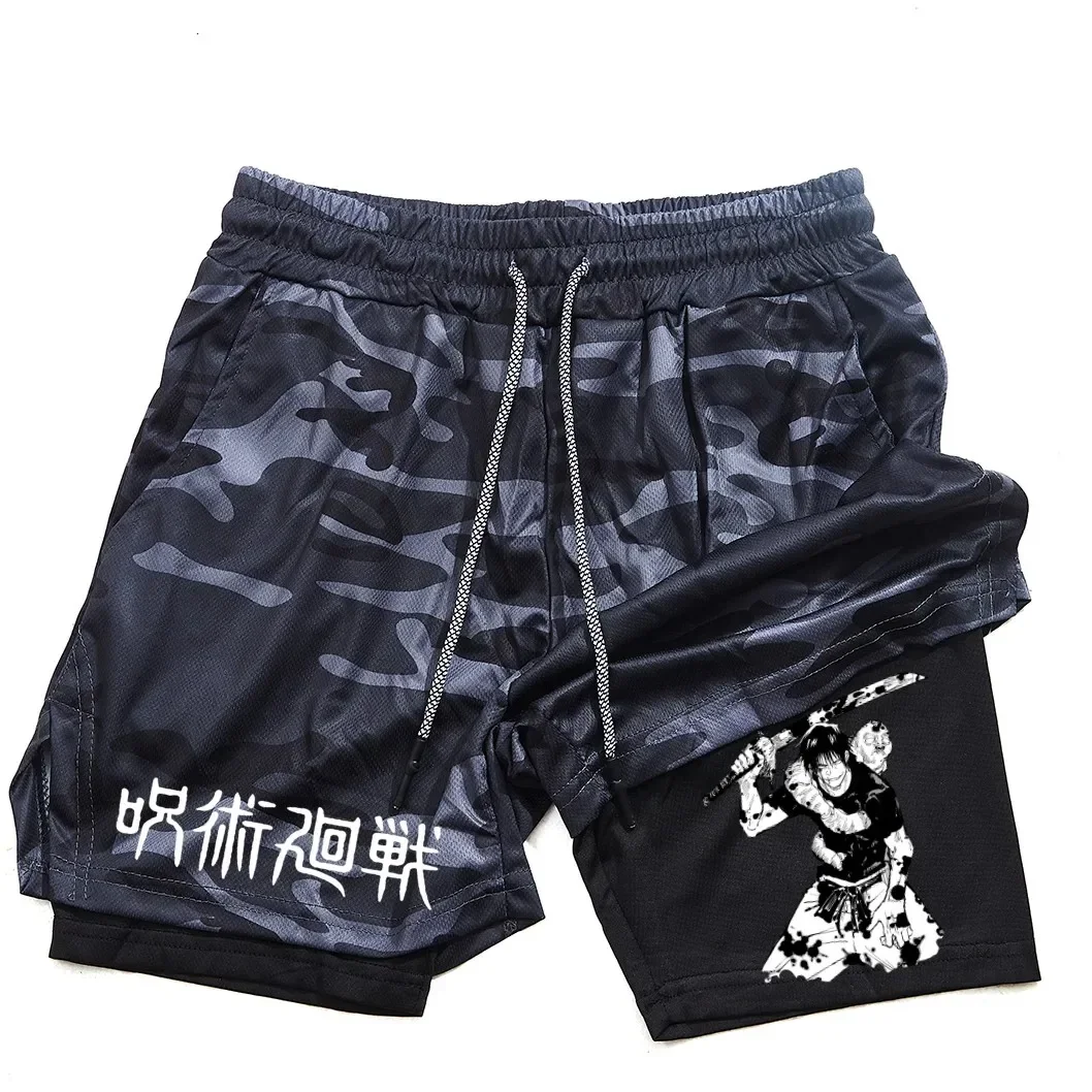 Calções de Anime Performance Masculina, Estampada Toji, Ginásio, Casual, Esportes, Treino, Corrida, Malha, Calça curta esportiva 2 em 1 - Imagem 9