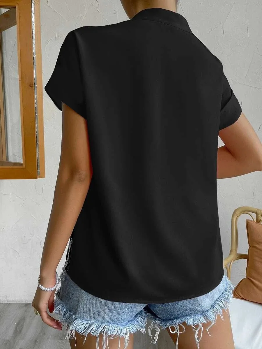 2024 verão com decote em v camisa feminina casual senhora do escritório cor sólida manga curta único breasted elegante blusa feminina femme blusas - Imagem 20