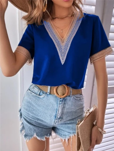 Blusas femininas primavera verão mais recente 2025 com decote em v renda casual camisa de cor sólida manga curta camiseta solta ajuste superior pulôver - Imagem 9