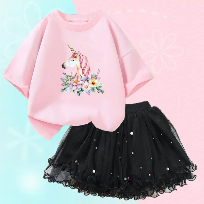 Conjunto de duas peças feminino, saia de malha tutu e camiseta, roupa de festa infantil, bonita coreana, moda verão, 3-14 anos - Imagem 32