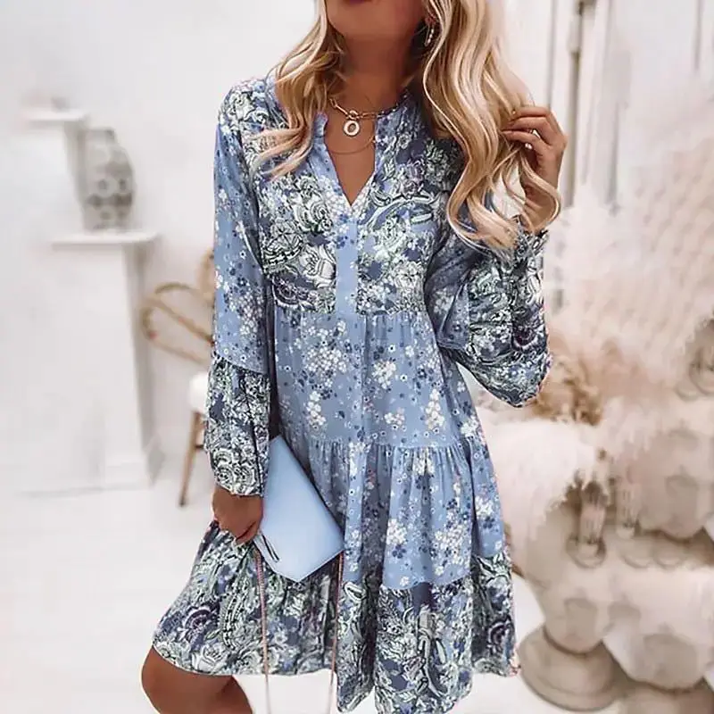 Casual floral impressão vestidos para as mulheres 2024 sping verão boho v pescoço solto uma linha vestido elegante praia vestido de festa robe femme - Imagem 3