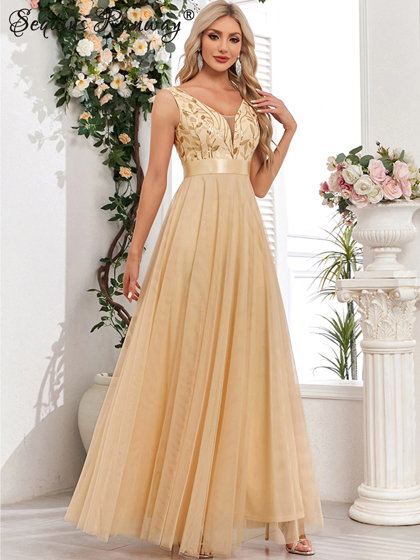 Vestido de festa para as mulheres elegante, sem costas maxi lantejoulas vestido de verão - Imagem 6