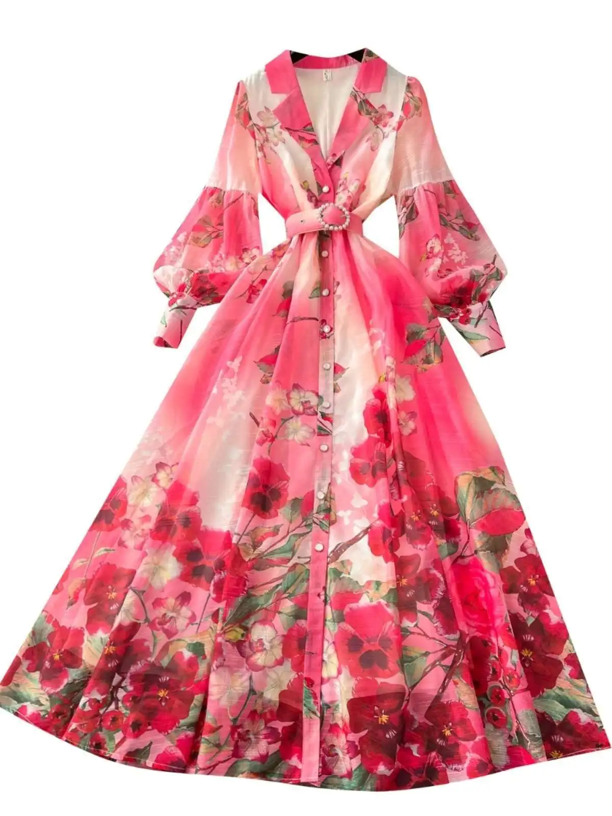 Palácio floral maxi vestido feminino verão férias vestidos longos camisa 2025 primavera manga cheia único breasted pérolas festa vestidos - Imagem 4