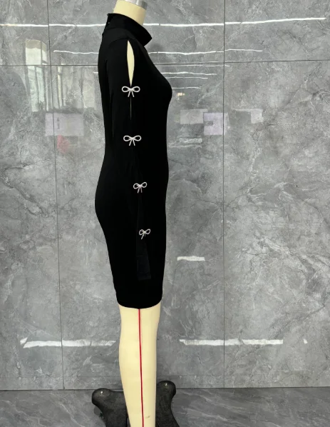 Sexy vestidos apertados elegante verão oco para fora strass arco decoração manga comprida casual alta pescoço fino ajuste diário midi vestidos - Imagem 7