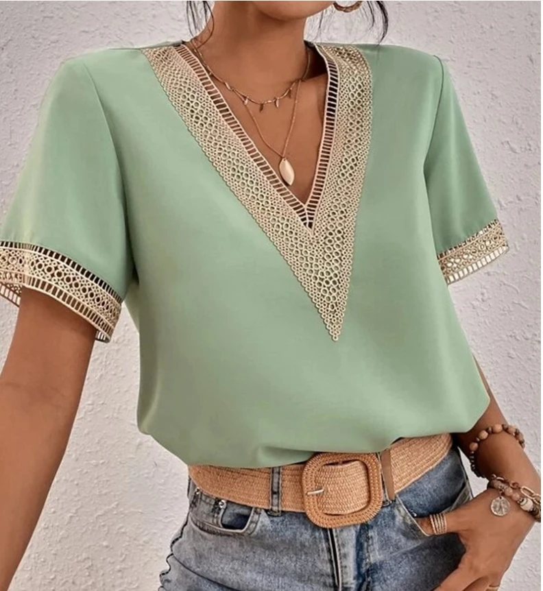 Blusas femininas primavera verão mais recente 2025 com decote em v renda casual camisa de cor sólida manga curta camiseta solta ajuste superior pulôver - Imagem 16