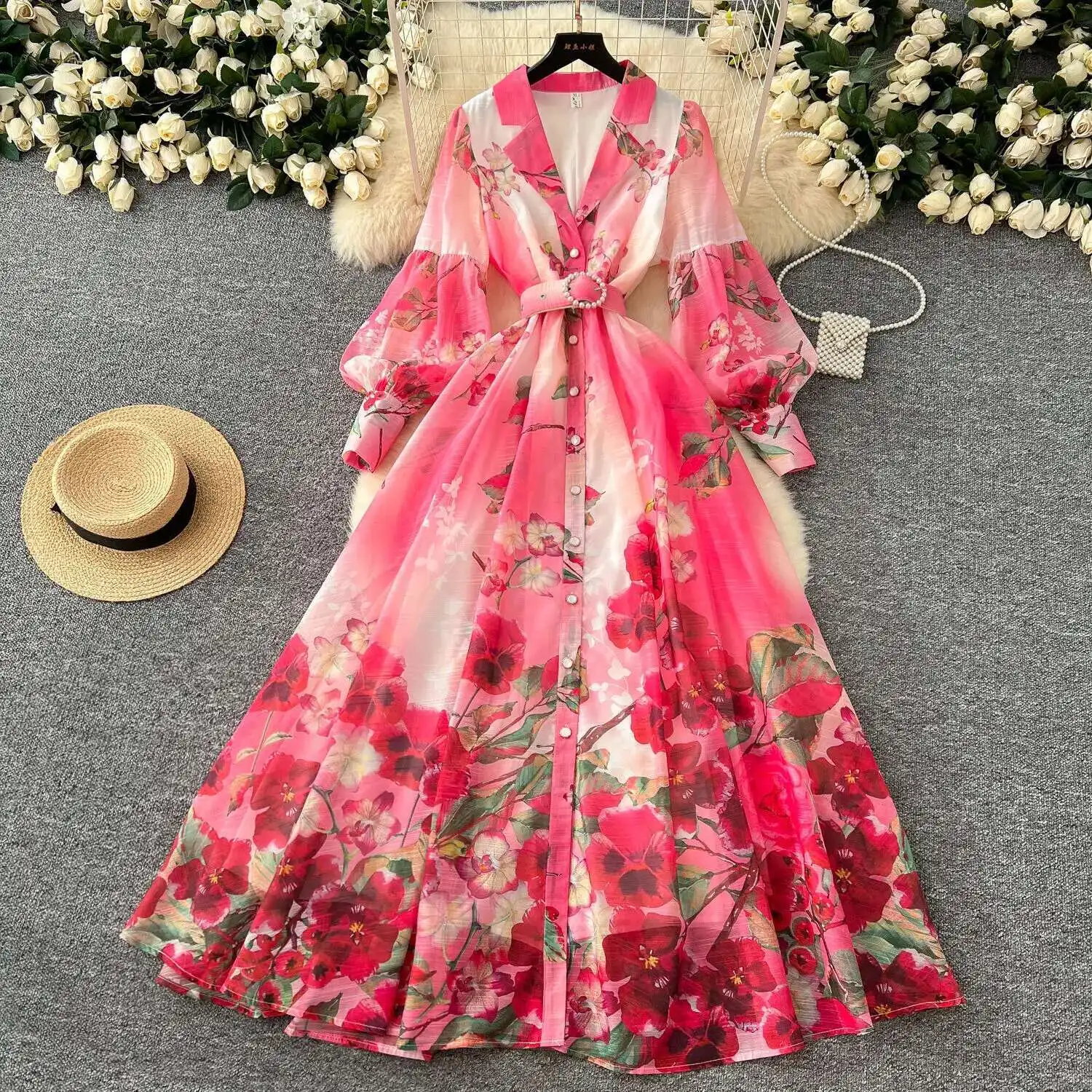 Palácio floral maxi vestido feminino verão férias vestidos longos camisa 2025 primavera manga cheia único breasted pérolas festa vestidos - Imagem 16