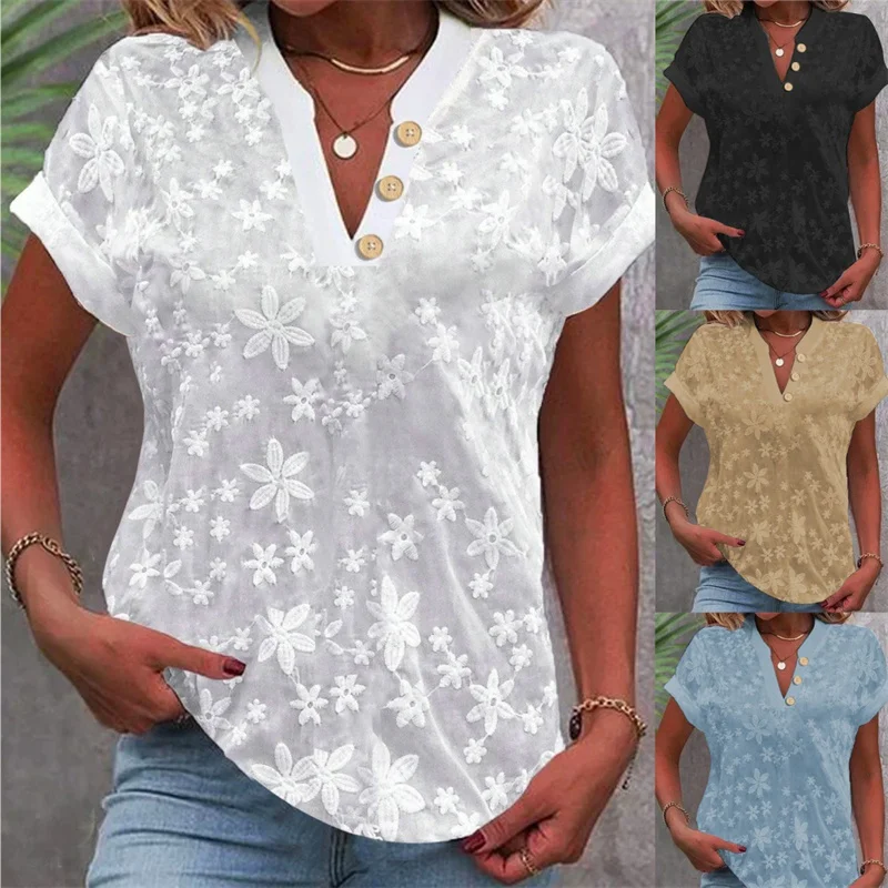 Verão casual camisa com decote em v blusa feminina moda branco jacquard camisas de manga curta feminina 2024 escritório senhoras blusa elegante topos - Imagem 6