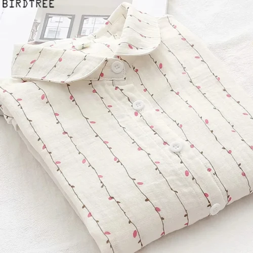 Nova Primavera Mulheres Camisas De Algodão De Camada Dupla Manga Completa Floral Solta Casual Blusa Macia Senhora Do Escritório Desgaste Do Trabalho Tops T34502X