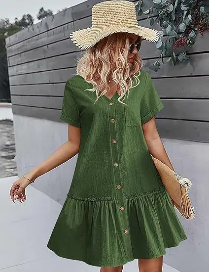 Casual algodão linho verão mini vestido para mulheres com decote em v babados manga curta vestido curto senhoras moda vestidos de botão solto - Imagem 28