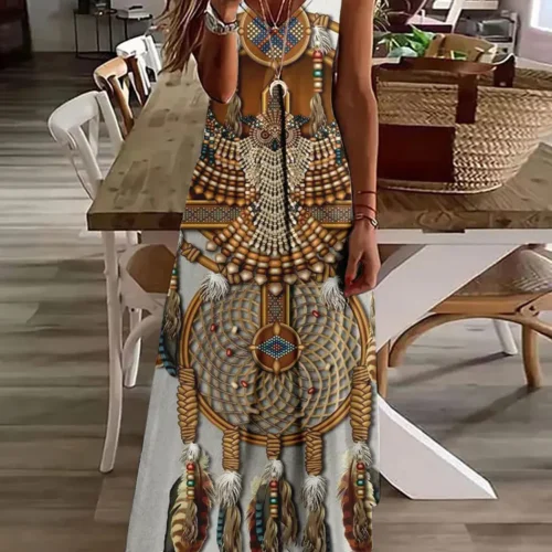 2024 novo vestido de estampa vintage de coruja 3D, sem mangas, longo, feminino, padrão tribal, pulseira de espaguete, verão, vestido longo e solto