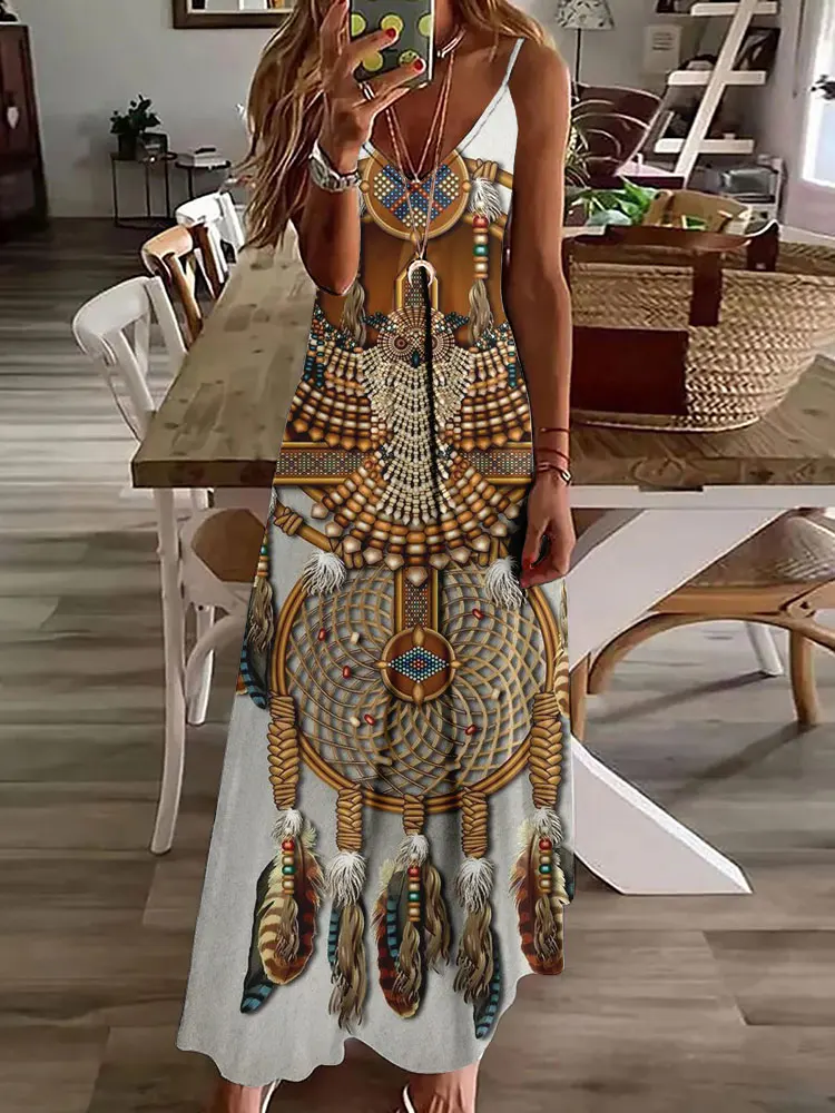 2024 novo vestido de estampa vintage de coruja 3D, sem mangas, longo, feminino, padrão tribal, pulseira de espaguete, verão, vestido longo e solto