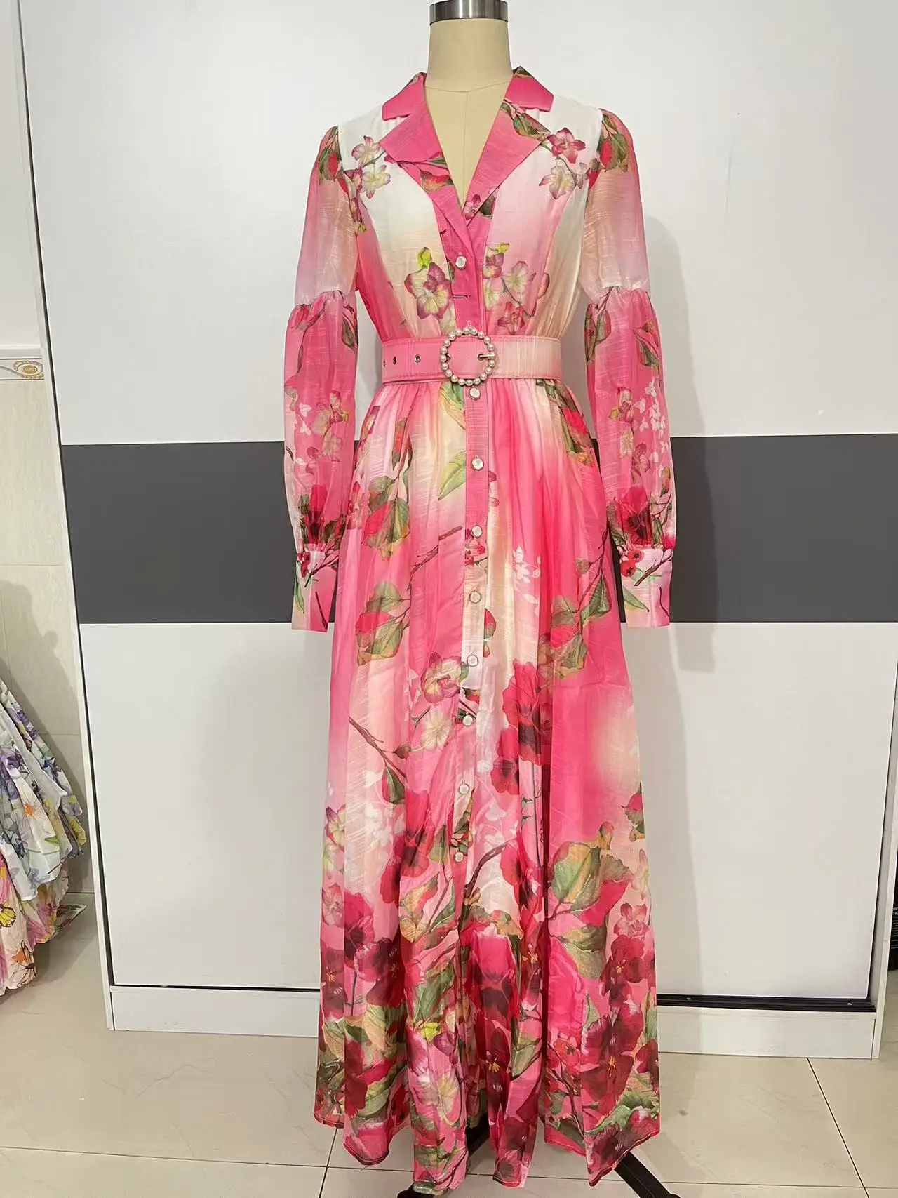 Palácio floral maxi vestido feminino verão férias vestidos longos camisa 2025 primavera manga cheia único breasted pérolas festa vestidos - Imagem 11