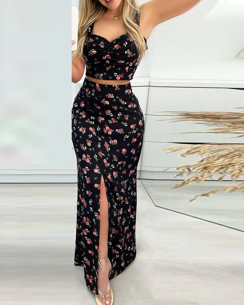 Conjunto feminino de 2 peças boho praia, saia sexy, top cropped, saia longa maxi, divisão floral estampada, cintura alta, casual, verão - Imagem 4