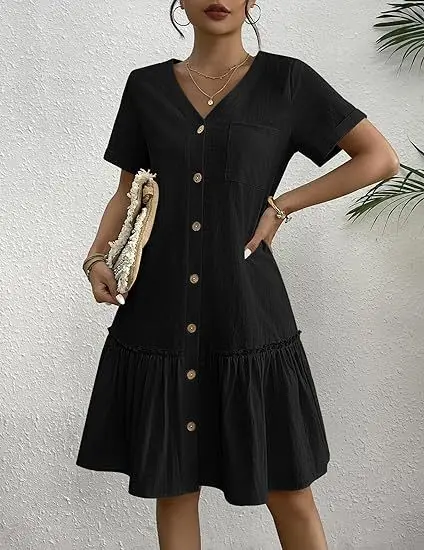 Casual algodão linho verão mini vestido para mulheres com decote em v babados manga curta vestido curto senhoras moda vestidos de botão solto - Imagem 23