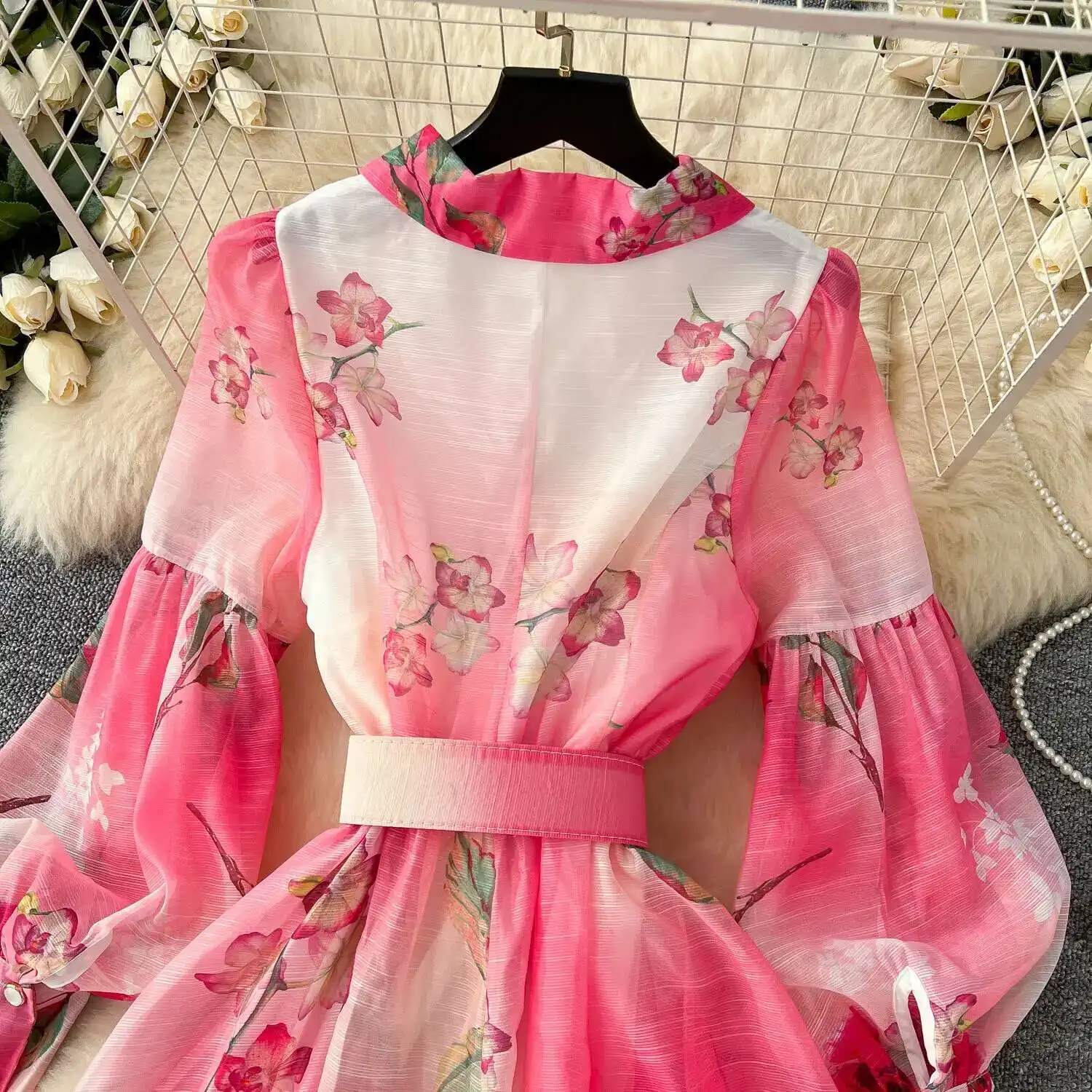 Palácio floral maxi vestido feminino verão férias vestidos longos camisa 2025 primavera manga cheia único breasted pérolas festa vestidos - Imagem 22