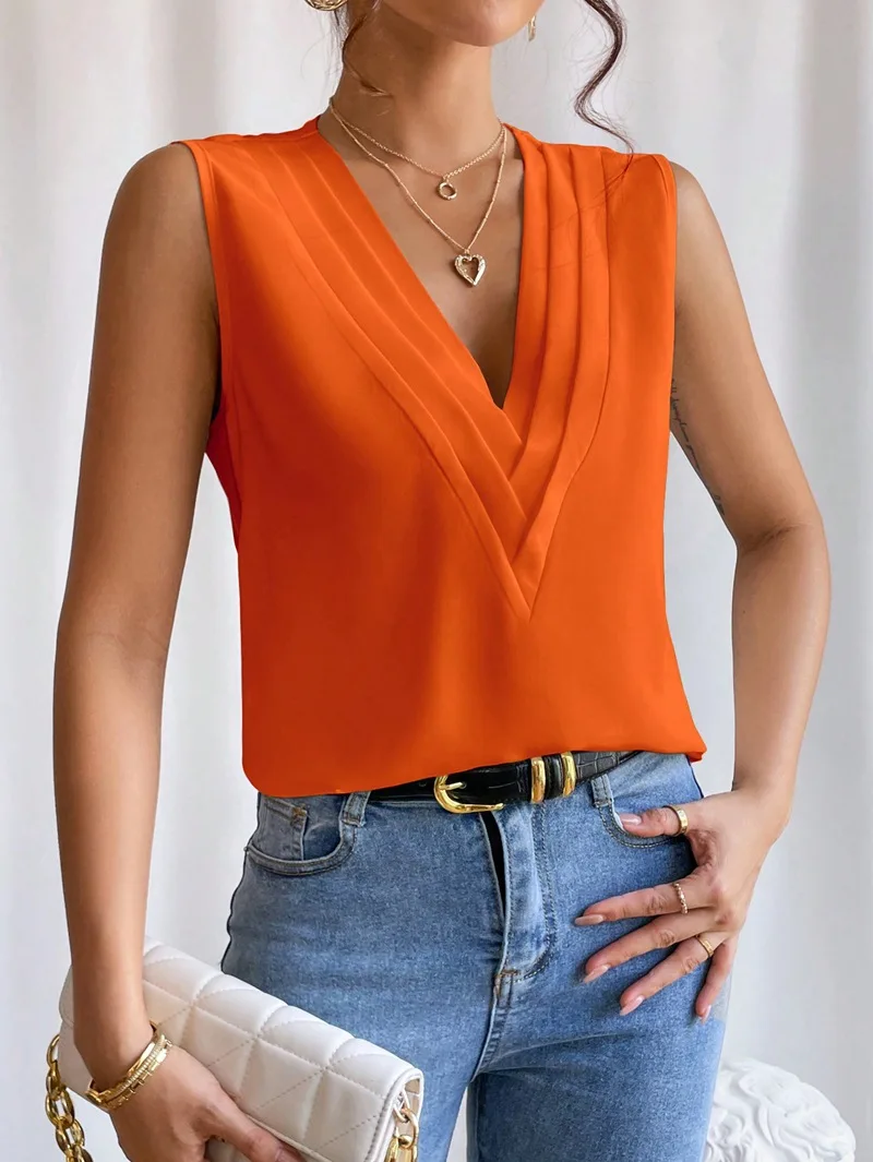 Sólido casual solto sem mangas blusas para mulheres moda verão camisas e blusas de grandes dimensões elegantes jovens femininos topos - Imagem 38