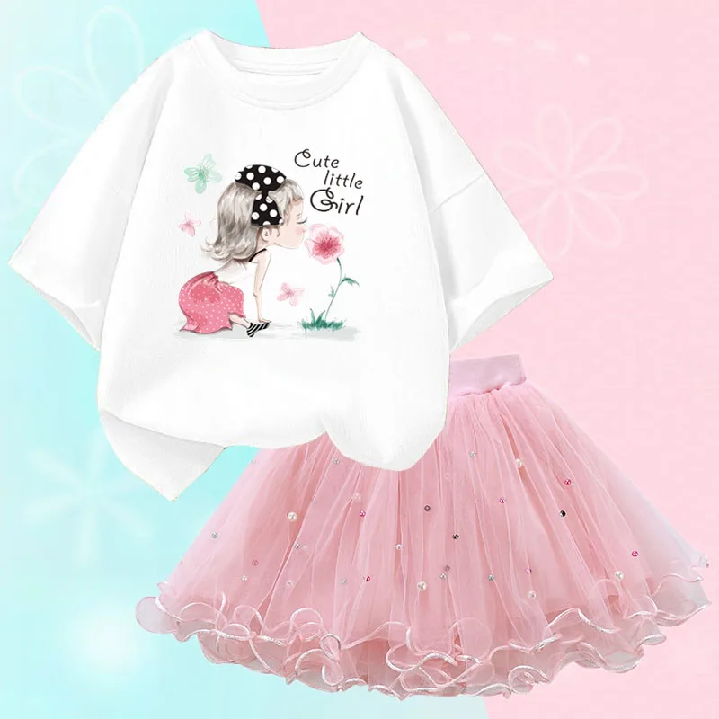 Conjunto de duas peças feminino, saia de malha tutu e camiseta, roupa de festa infantil, bonita coreana, moda verão, 3-14 anos - Imagem 13