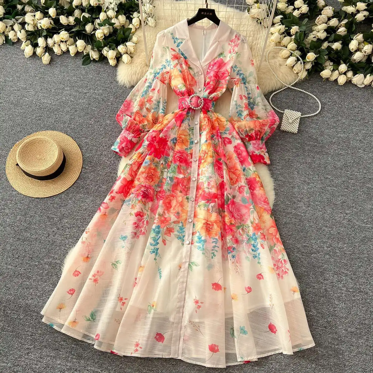 Palácio floral maxi vestido feminino verão férias vestidos longos camisa 2025 primavera manga cheia único breasted pérolas festa vestidos - Imagem 34