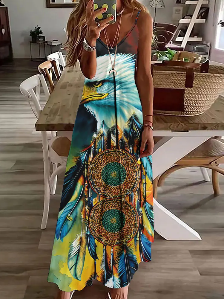 2024 novo vestido de estampa vintage de coruja 3D, sem mangas, longo, feminino, padrão tribal, pulseira de espaguete, verão, vestido longo e solto - Imagem 10