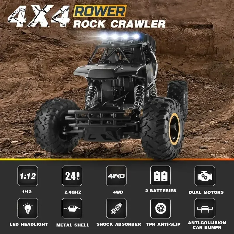 4wd rc carro 1:12 fora da estrada 4x4 todos os terrenos carros de controle remoto rádio elétrico buggy caminhão corrida deriva com luzes led brinquedos presentes - Imagem 4