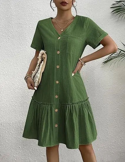 Casual algodão linho verão mini vestido para mulheres com decote em v babados manga curta vestido curto senhoras moda vestidos de botão solto - Imagem 8