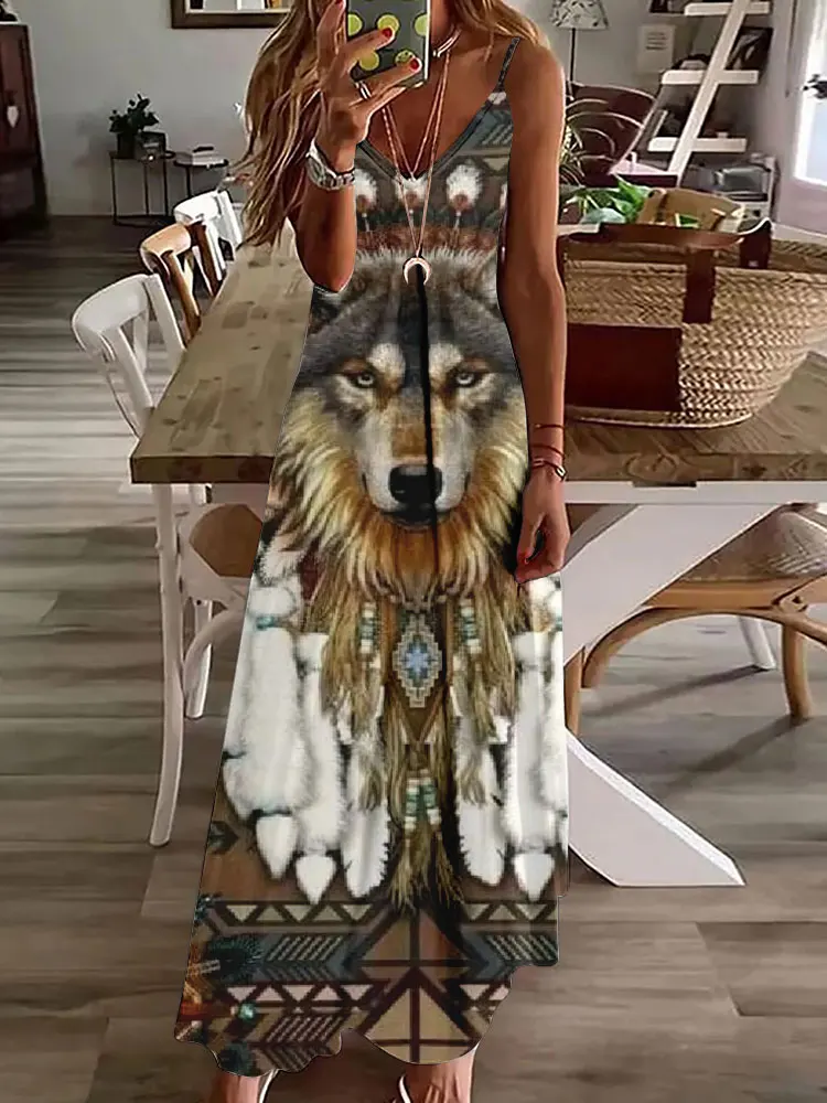 2024 novo vestido de estampa vintage de coruja 3D, sem mangas, longo, feminino, padrão tribal, pulseira de espaguete, verão, vestido longo e solto - Imagem 17