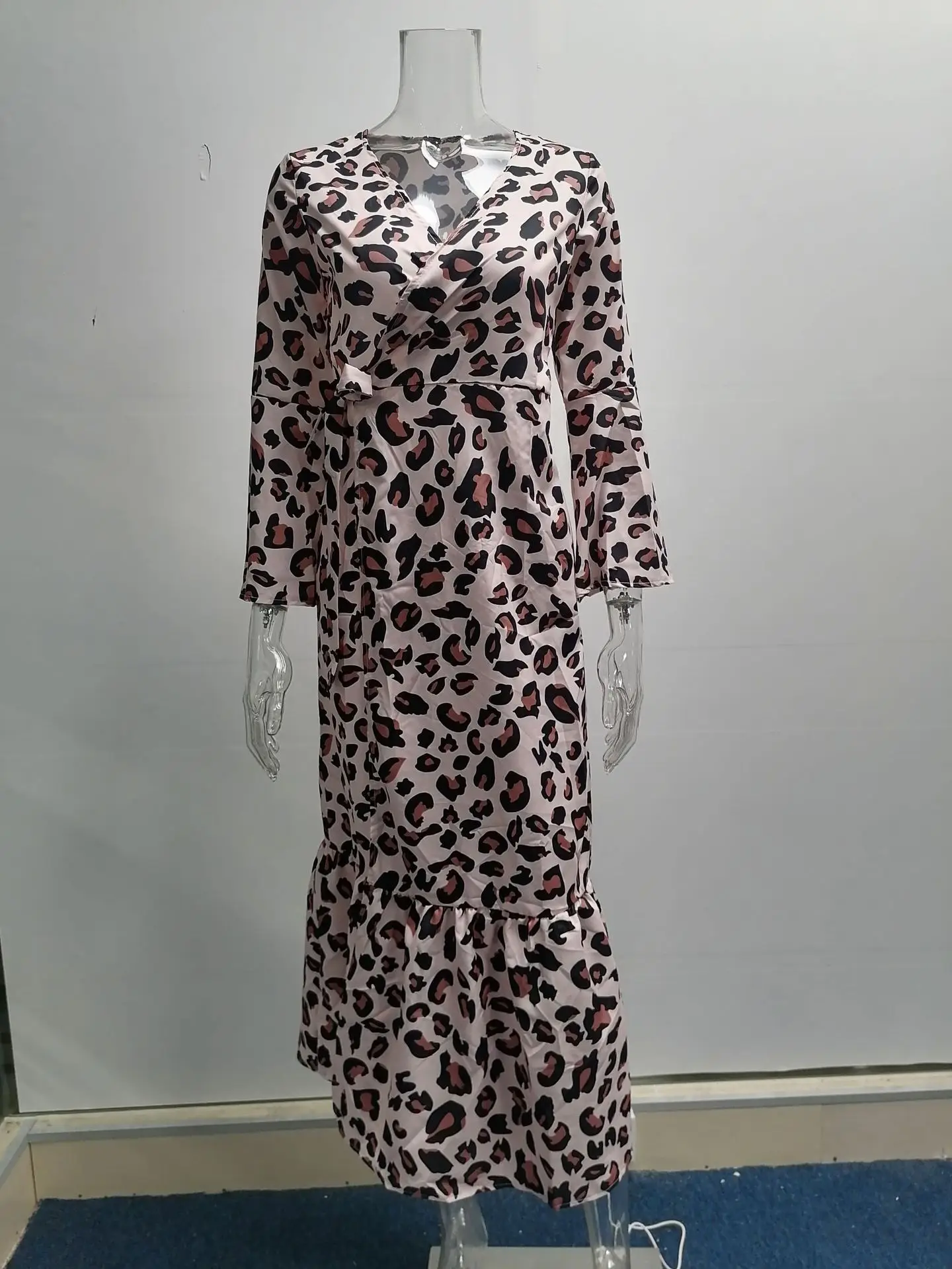 Novo outono inverno manga comprida amarrado com decote em v suspender costura impresso elegante e confortável vestido de fenda para mulher - Imagem 26